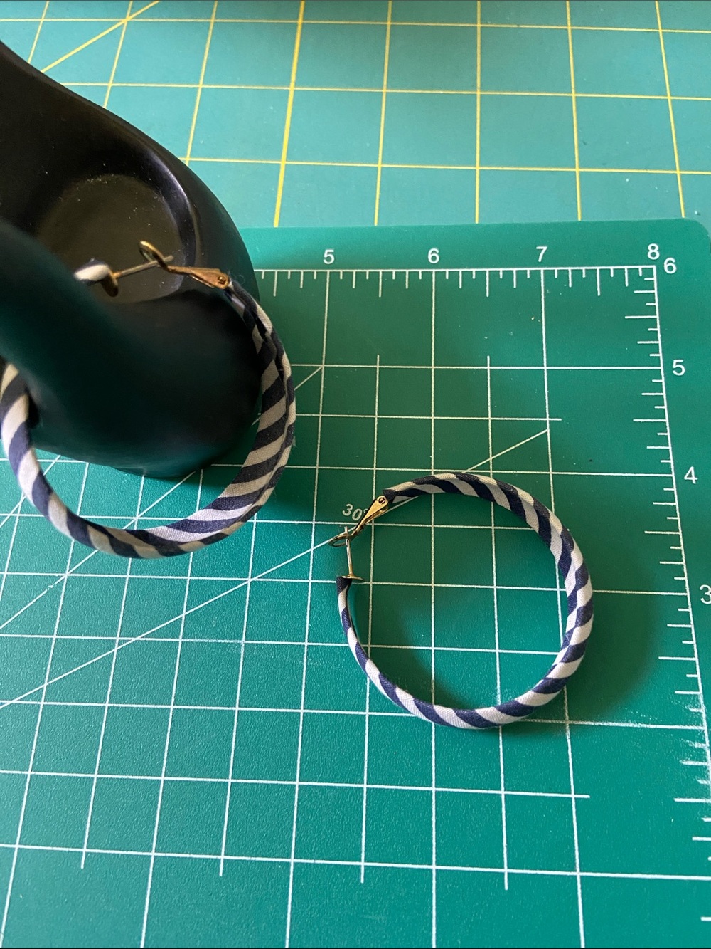 Striped Blue & White Fabric Wrapped Hoop Earrings